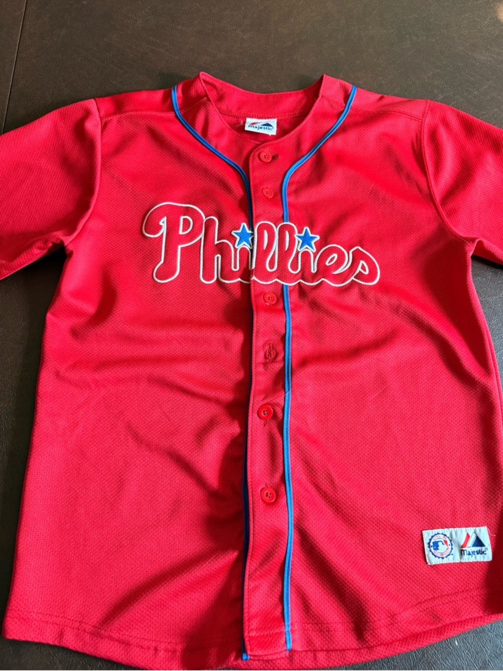 Majestic Phillies Red Kids Button-Up Jersey with Blue Trim